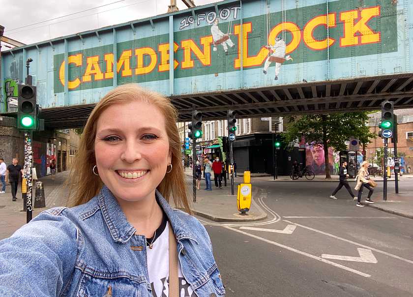 Mel smiling in front of Camden Lock in London