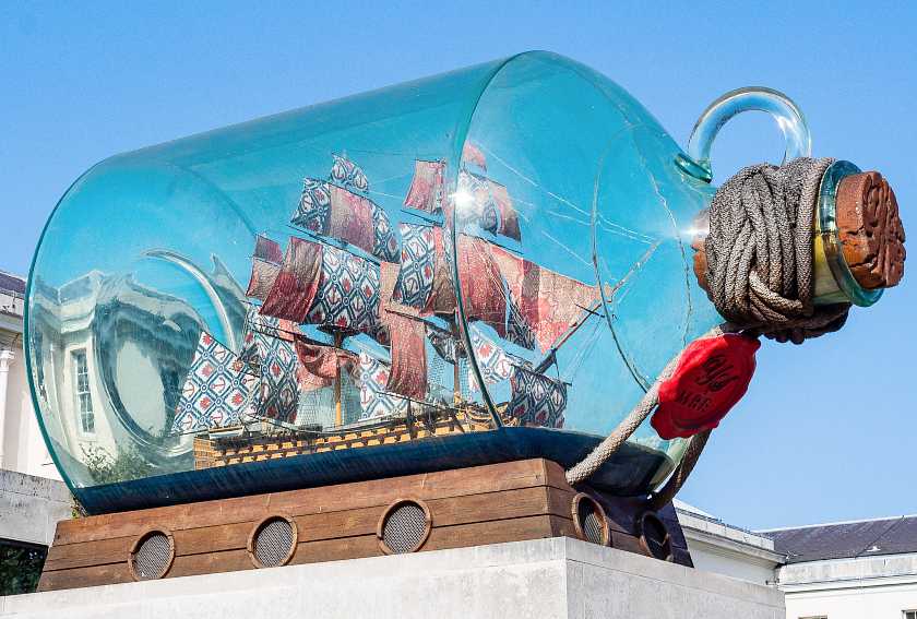 Giant old fashioned ship in a bottle statue at the National Maritime Museum in London 