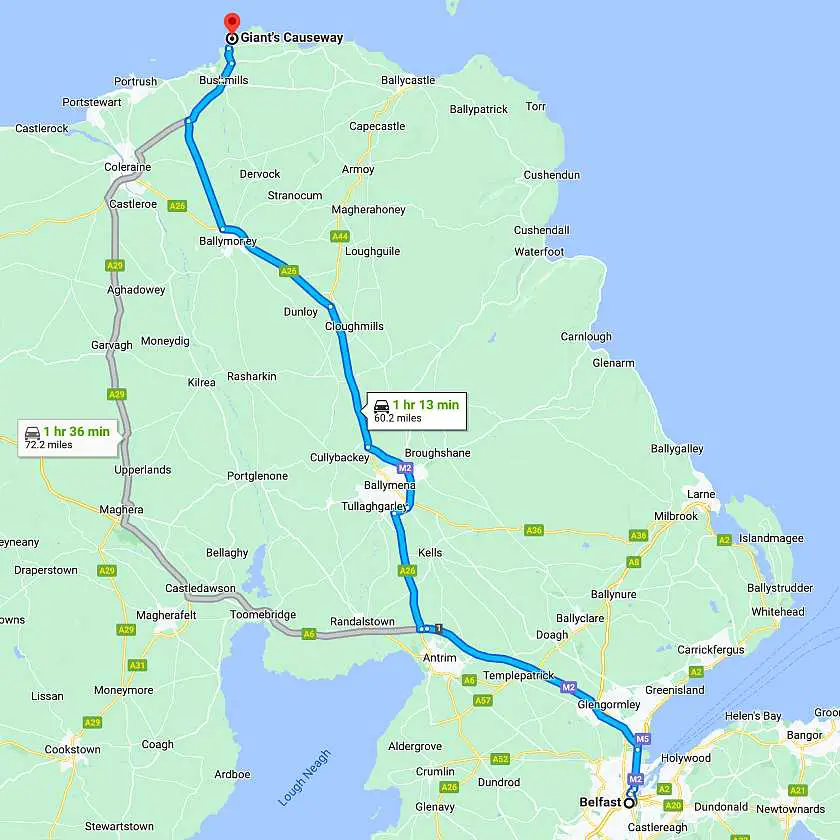 Google map of the route to Giant's Causeway from Belfast
