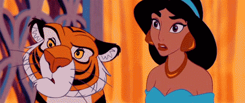 "You're confused why nowhere will accept your debit card" - gif of Jasmine and her tiger looking at each other confused