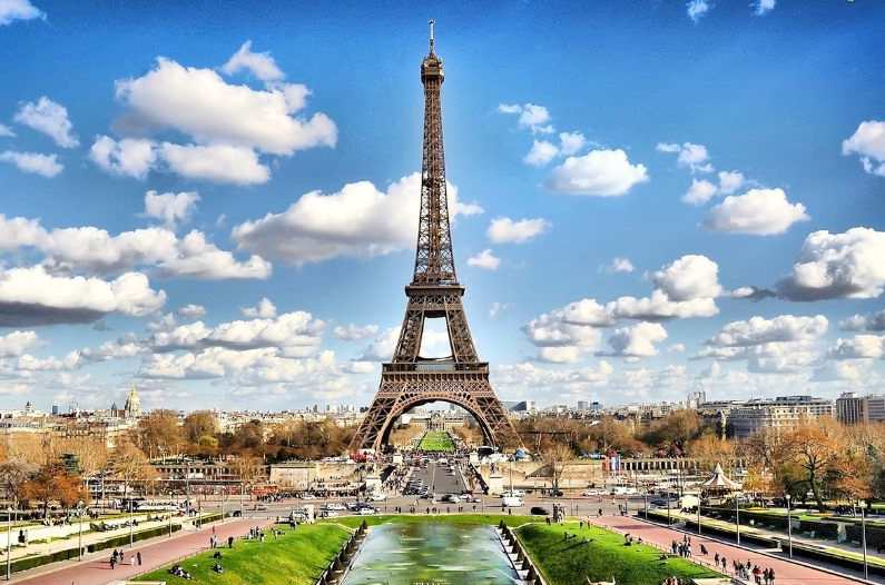 Eiffel Tower in Paris with a bright blue sky behind it
