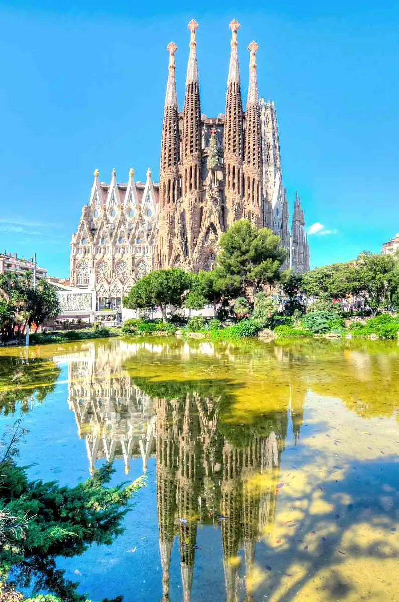 Sagrada Familia and its reflection in the pond in front of it with a blue sky