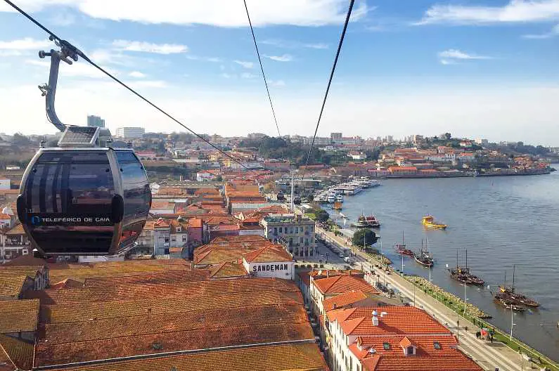 Cable cars in Porto with the city's port and boats in the background