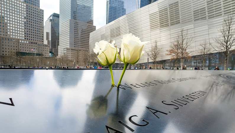 White rose left on the name of a person lost in the 9/11 attacks 