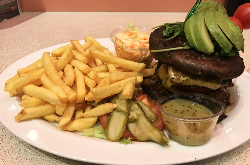 dinner option, veggie burger, fries, annettes diner, disney village, how to eat vegan at disneyland paris