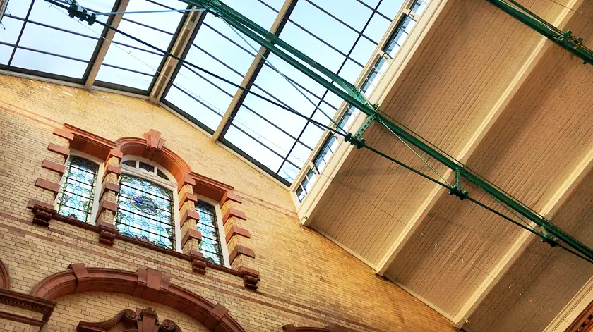 Inside Victoria baths, ceiling, Edwardian glass window, guide to Manchester's vegan Christmas Festival