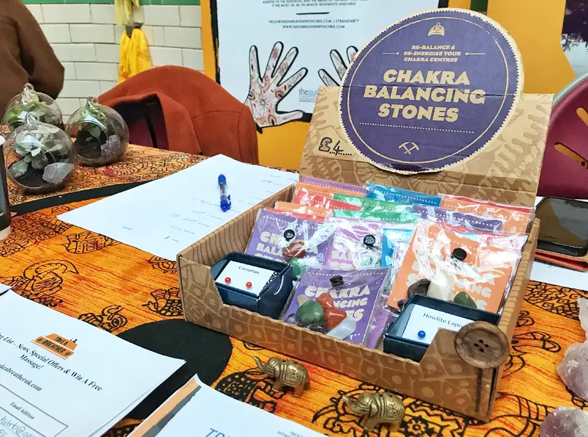chakra stones, alternative wellbeing stall, inside Victoria baths, guide to Manchester's vegan Christmas Festival