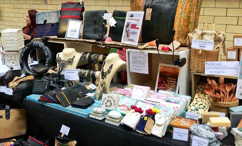 vegan accessories stall, inside Victoria baths, guide to Manchester's vegan Christmas Festival