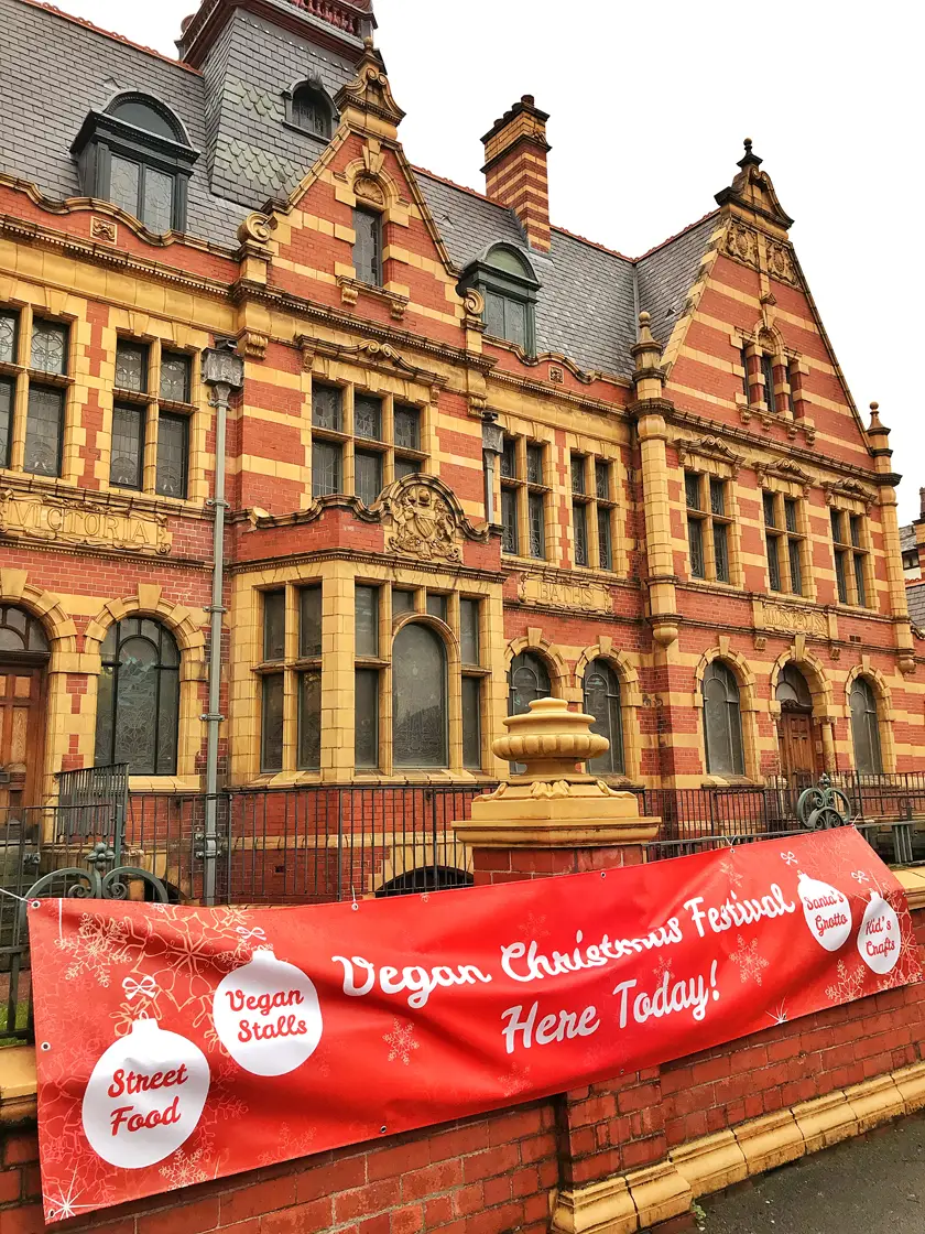 Outside Victoria baths, guide to Manchester's vegan Christmas Festival