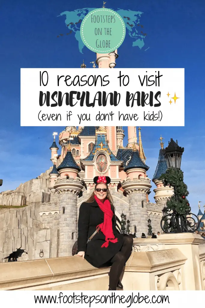 Mel from Footsteps on the Globe in front of the princess castle at Disneyland Paris, Reasons to go to Disneyland Paris Pinterest image