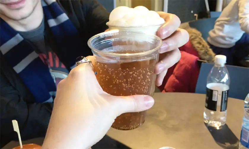 Mel from Footsteps on the Globe cheersing with a vegan butterbeer and one with cream on top