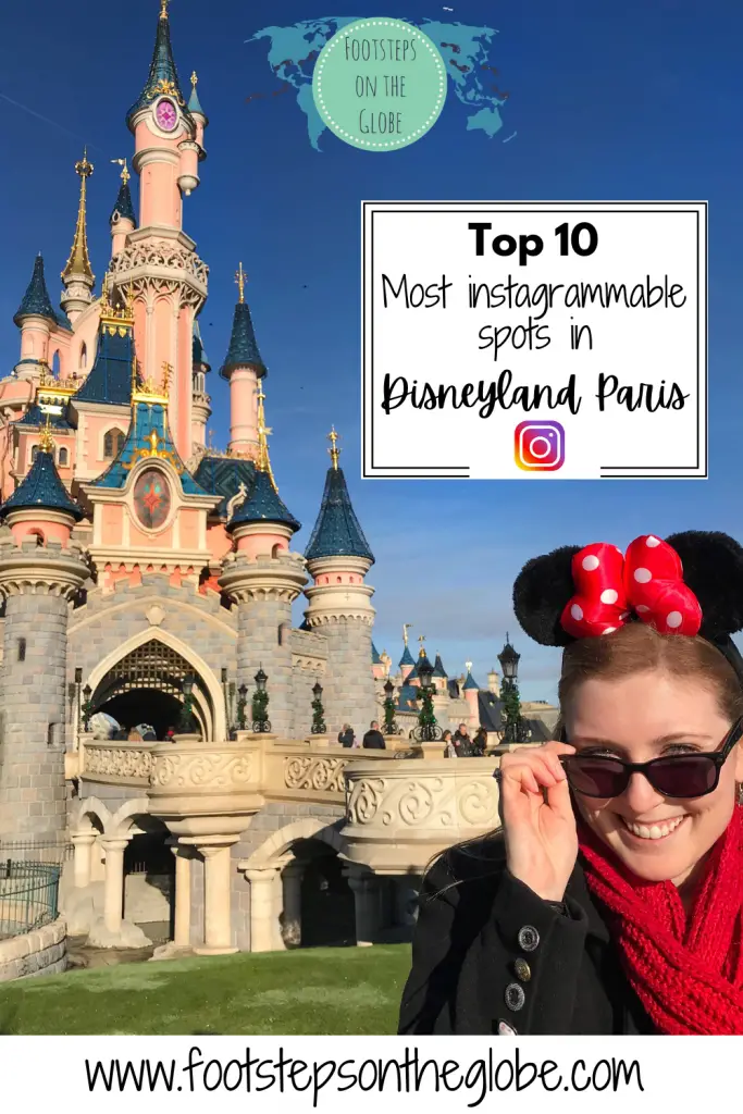 Mel in front of Sleeping Beauty's Castle at Disneyland Paris wearing Minnie Mouse ears pulling down her sunglasses