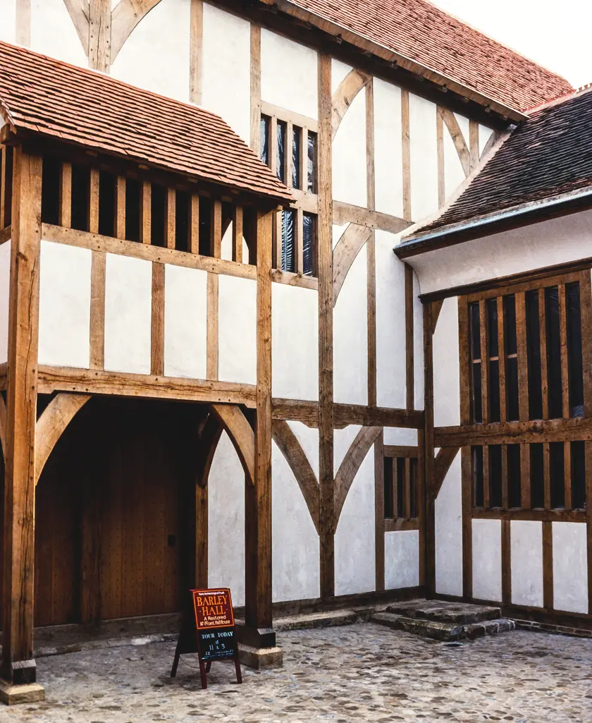 Outside Barley Hall, a medieval building in the centre of York, UK