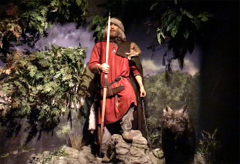Male viking dummy holding a spear and a chain with a wolf attached to it at the Jorvik Viking Centre in York