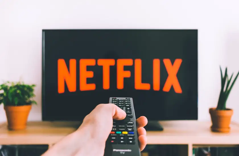 Netflix logo on a tv screen with a hand and remote pointing at the tv in the foreground
