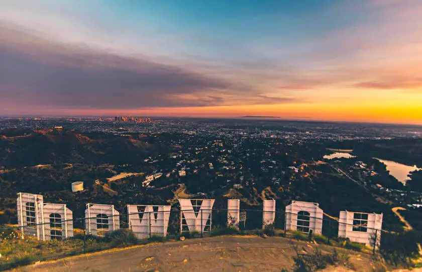 Skyline of Hollywood at sunset from behind the Hollywood sign