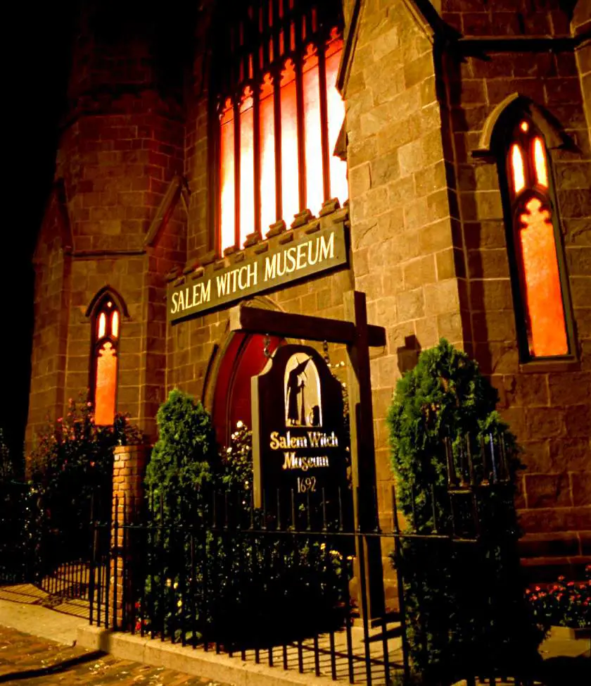 Front of Salem Witch Museum at night with red lights