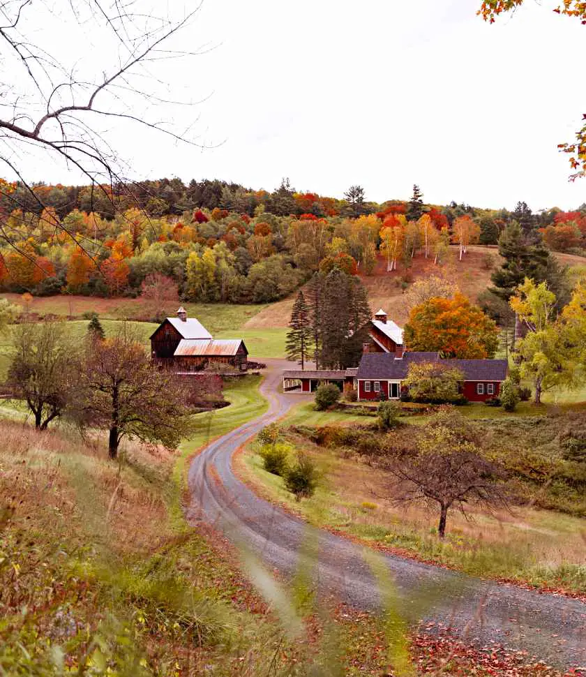 Road leading to Sleepy Hollow in new York showing old wooden houses and autumn trees