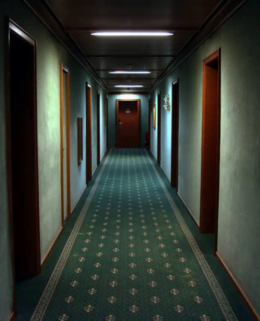 Dark, spooky hallway in a hotel with low lights and wooden doors lining each side