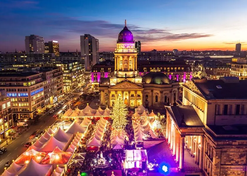 Berlin Christmas markets from overhead at night 
