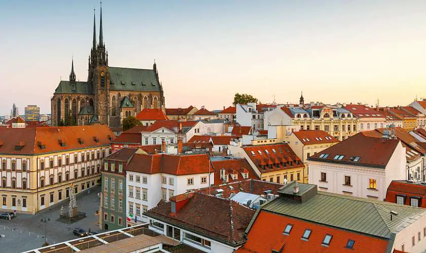 Red topped roofs and a cathedral in the centre of Brno in Czech Republic 