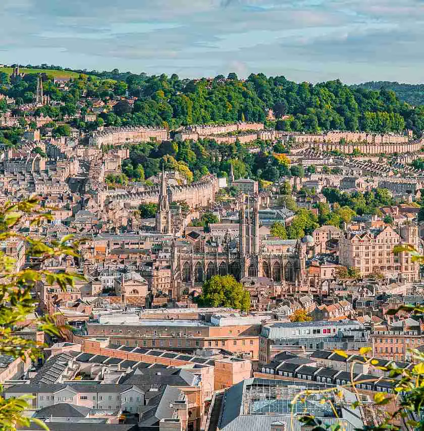 Aerial view of Bath city centre with the cathedral in the centre of rows of other Georgian buildings