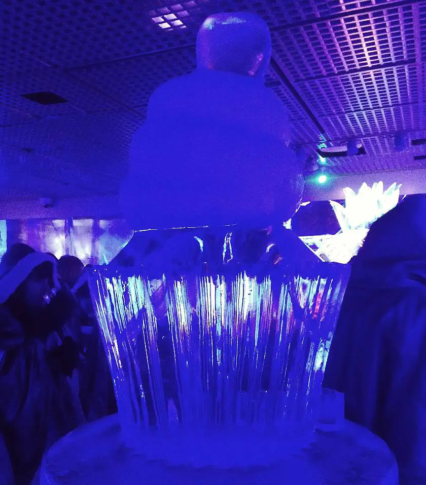 Blue cupcake ice sculpture at Ice Bar London