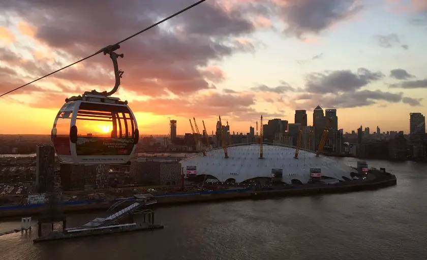 View of 02 London from the Emirates cable cars at sunset