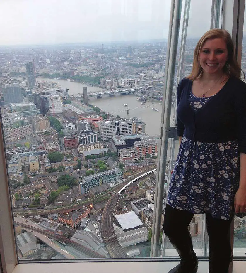 Mel stood by the window at The Shard with the London skyline in the background