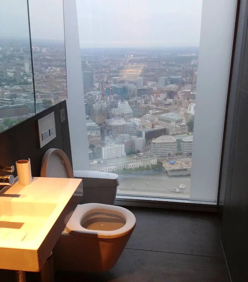 View of the London skyline from the toilet at The Shard