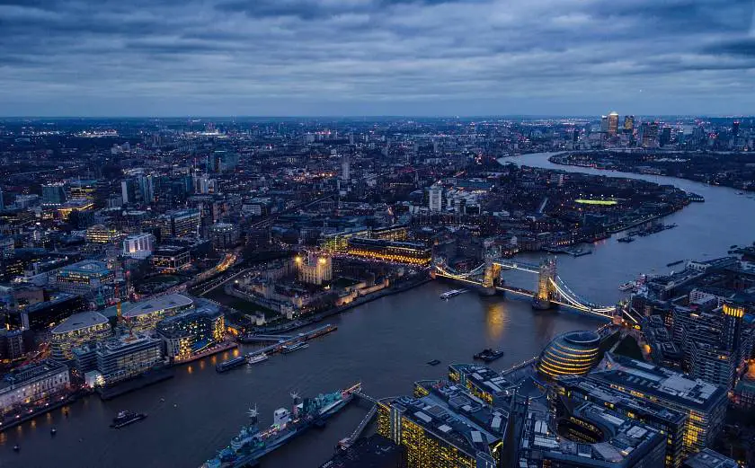 Skyline of London from The Shard featuring the River Thames and Tower Bridge at night