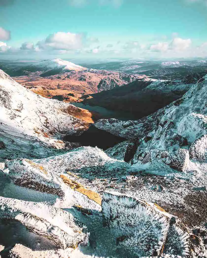 Snow capped mountain peaks in Snowdonia national park
