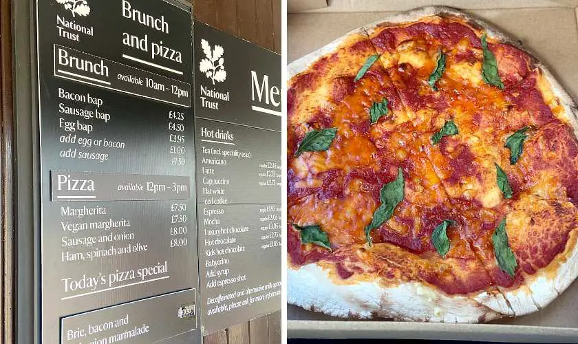 Food menu at Lyme Park next to picture of a vegan pizza