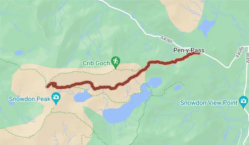 Google map of the Pyg Track up to Snowdon's peak