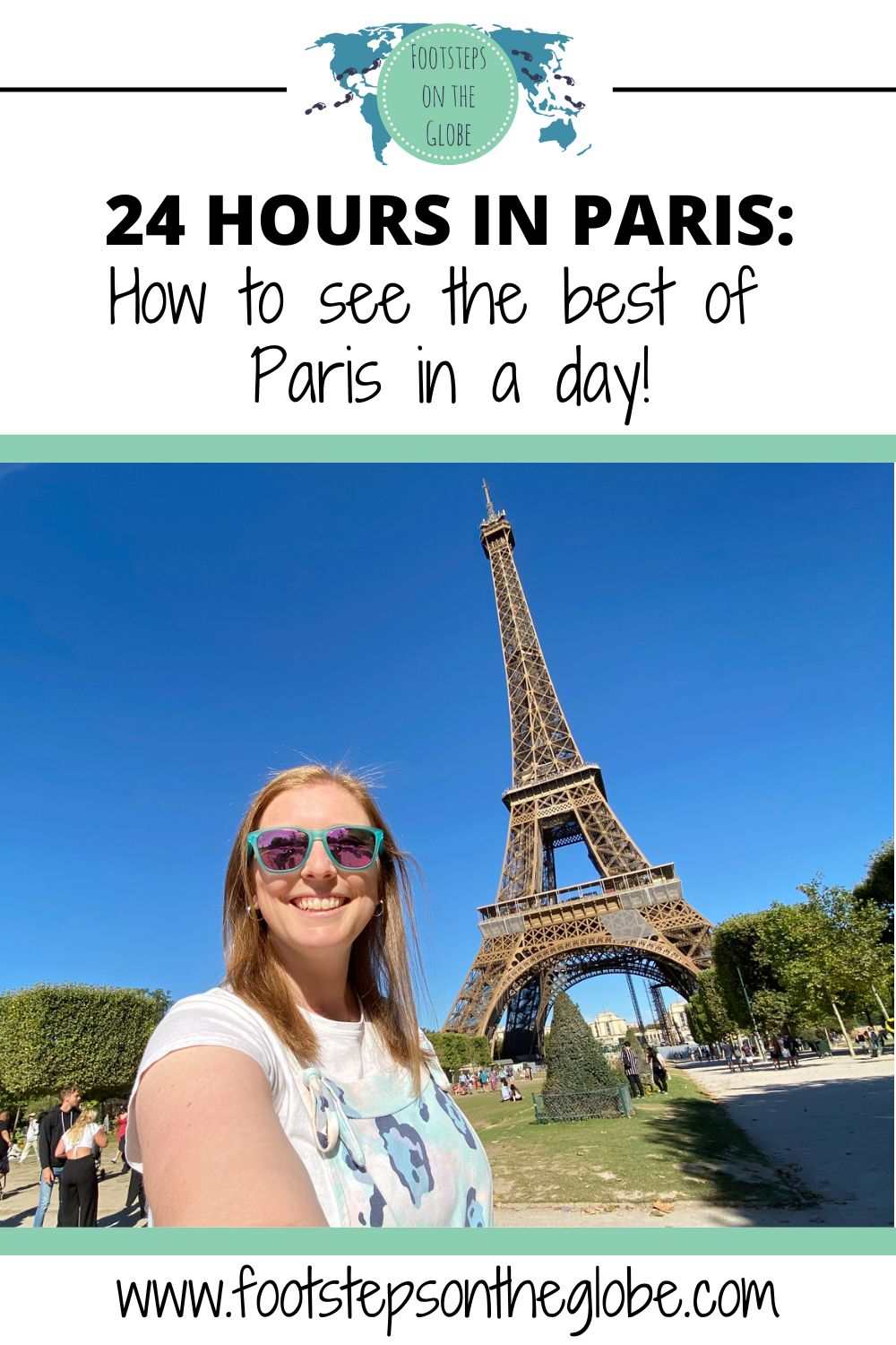 Mel taking a selfie wearing blue sunglasses in front of the eiffel tower on a sunny day with bright blue skies in Paris