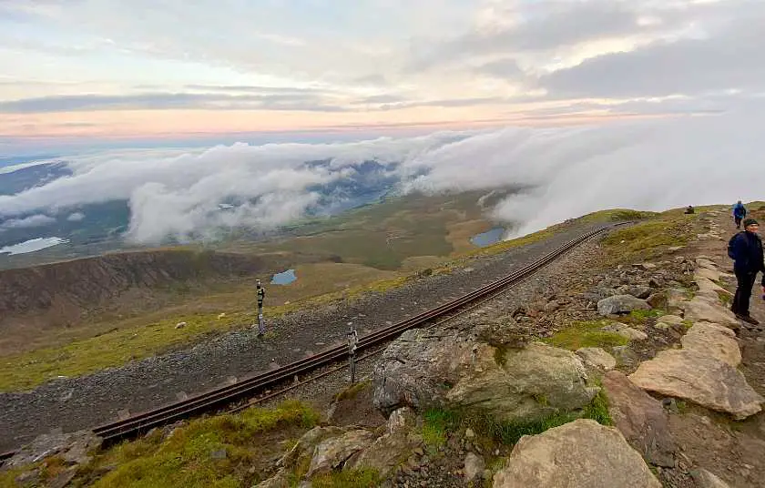 Railway tracks at the top of Snowdon with clouds rolling in the sky 