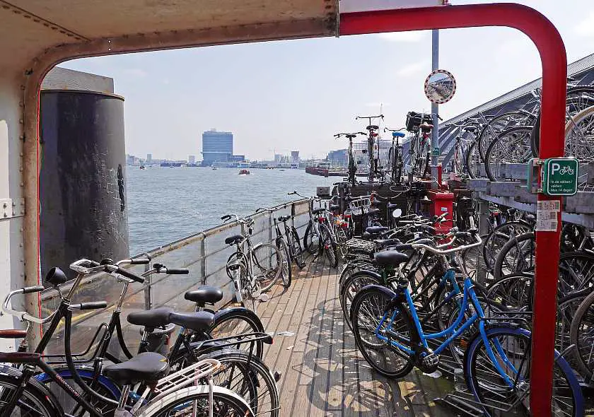 View from the Amsterdam ferry filled with bikes