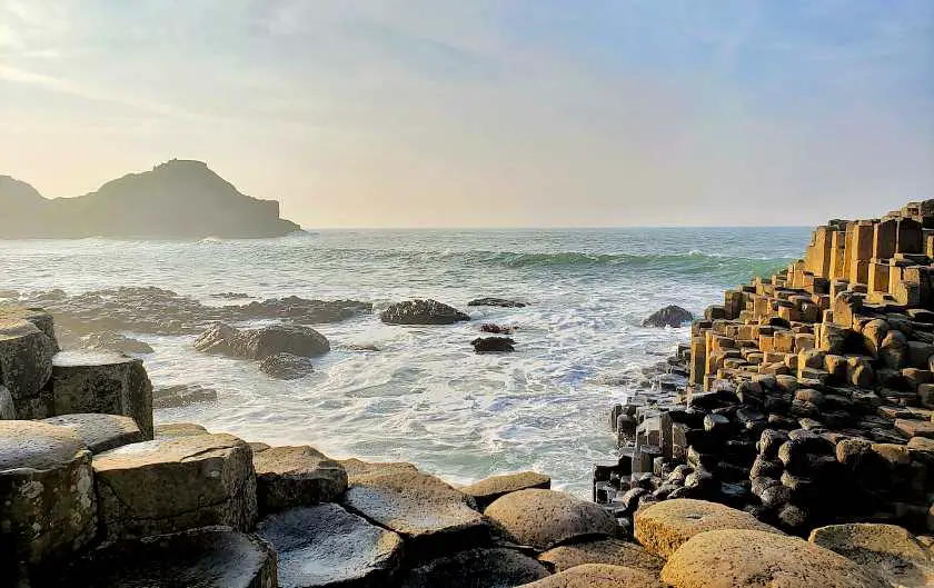 View from the edge of the Giant's Causeway of the rocks and formations in the sea 