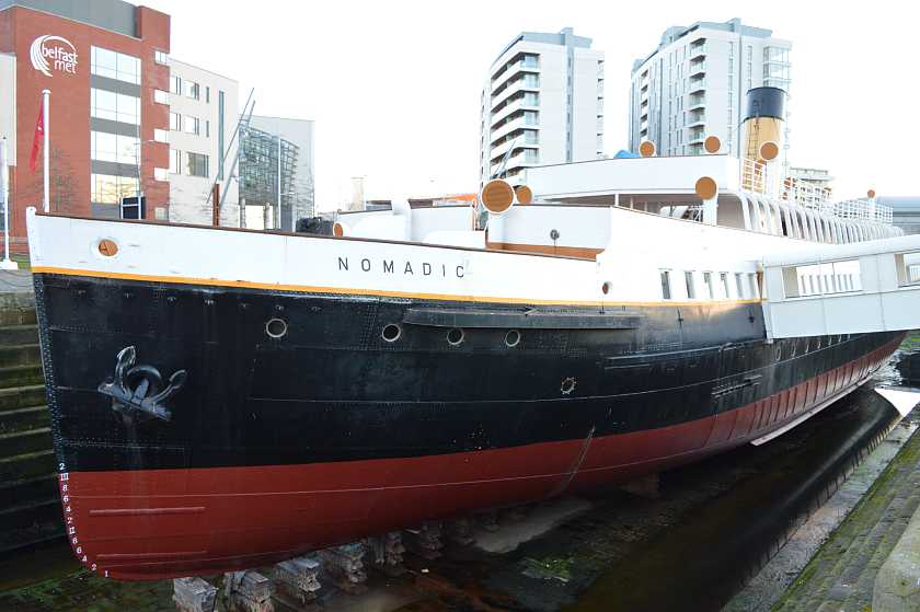 Picture of the white, black and red coloured SS Nomadic from the bow in Belfast