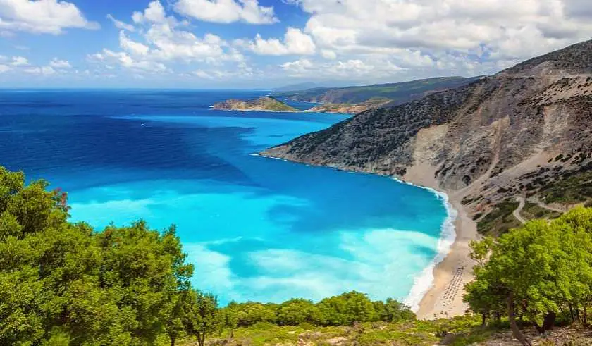 View of Myrtos Beach from the cliff in Kefalonia with bright blue waters and sky 