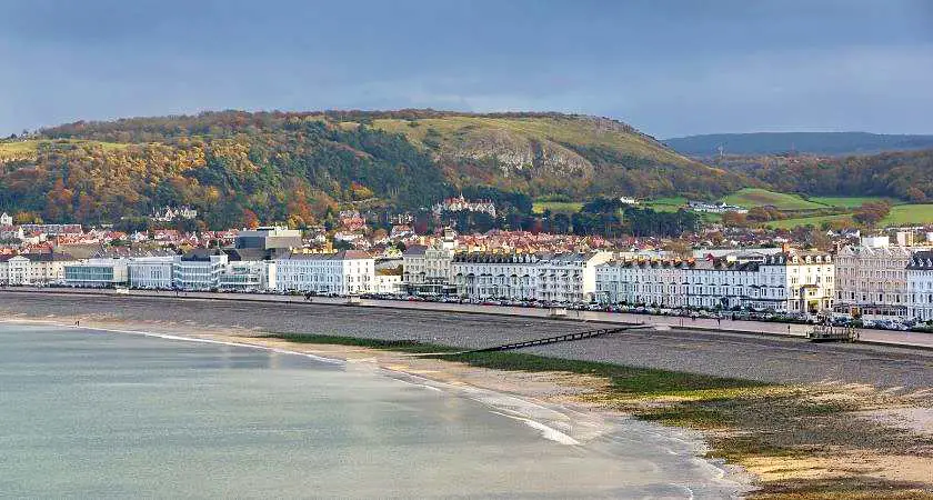 Llandudno promenade and seafront in Wales with a row of victorian terraces and a pebble beach