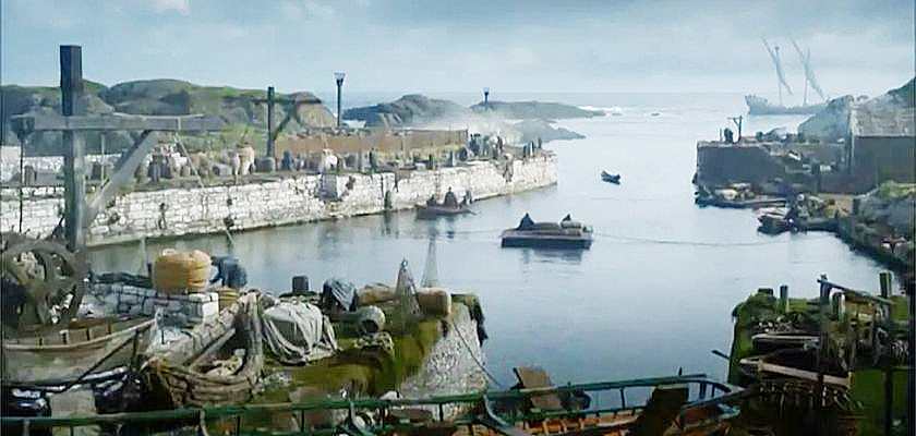 Ballintoy Harbour dressed as the set of Pyke Harbour on Game of Thrones with boats going back and forth