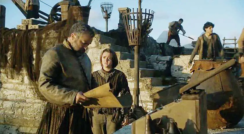 Screenshot of Arya Stark asking a boat captain going to Braavos at the end of season 4 of Game of Thrones