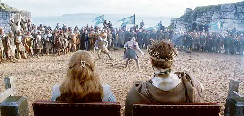 Screenshot of Brienne of Tarth fighting to become "King" Renly's new guard at Limestone Quarry dressed as the set of Renly's Camp in Game of Thrones