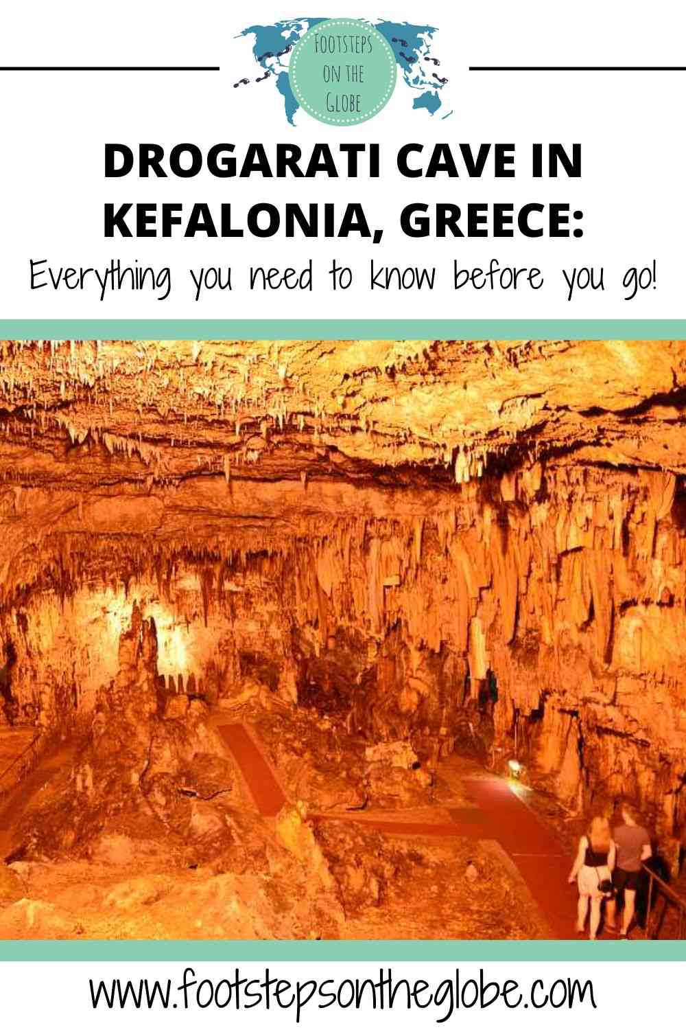 Pinterst image of the inside of Drogarati Cave with the text: "Drogarati Cave in Kefalonia, Greece: Everything you need to now before you go!" 