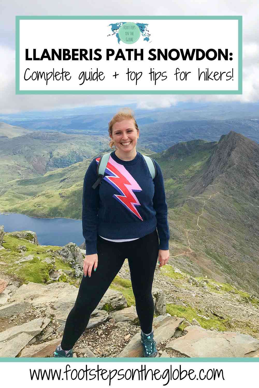 Mel smiling wearing a lightning bolt jumper at the summit of Snowdon with Snowdonia National Park peaks in the background with the text: "Llanberis Path Snowdon: Complete guide and top tips for hikers! Pinterest image