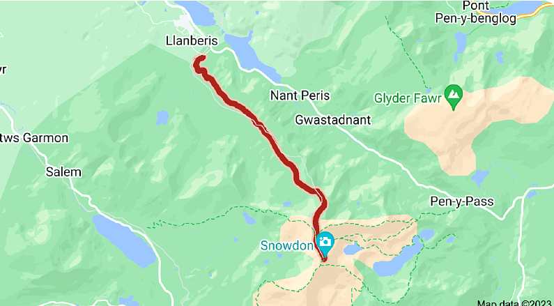 Google map of the Llanberis Path up to Snowdon's peak