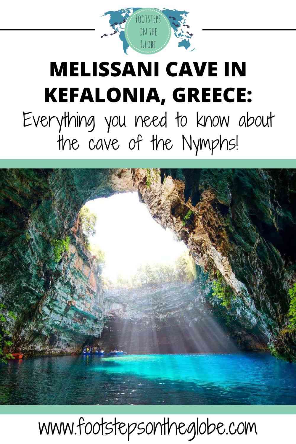 Pinterest image of Melissani Cave in Kefalonia, Greece with the text: "MELISSANI CAVE: Everything you need to know about the cave of the Nymphs!"