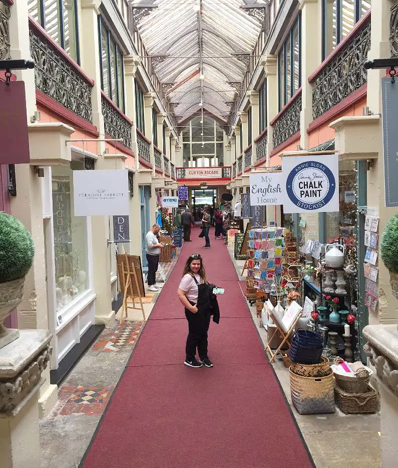 Clifton Arcade, a victorian arcade with rows of vintage shops both sides and high bright ceilings