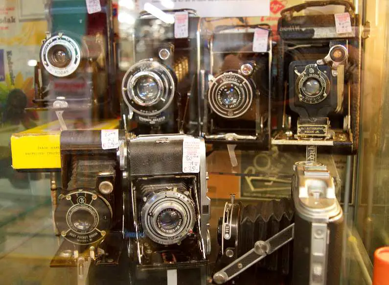 Vintage cameras with price tags in a shop in Brighton
